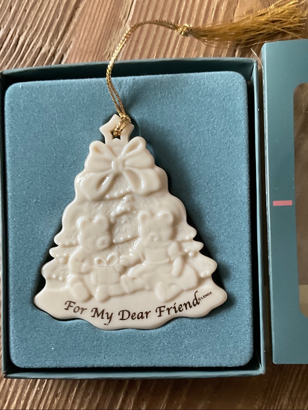 Lenox Cream For my dear friend Teddy Bear Tree Ornament with Gold Cord